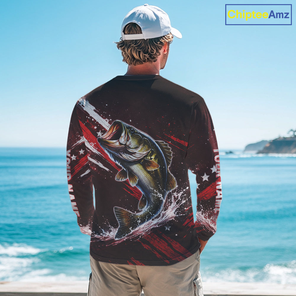 American Flag Fishing Shirt, Bass Fishing Shirts Long Sleeve, Bass Fishing Tournament Shirts|Red NBT434