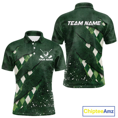 Front and back views of a green argyle plaid pattern golf polo shirt, chest name text, and team name on the back.
