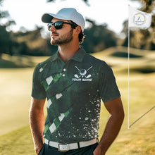 Load image into Gallery viewer, A golfer man in a golf course wearing a green argyle plaid pattern golf polo shirt with “Your Name” and a golf course graphic on the chest.