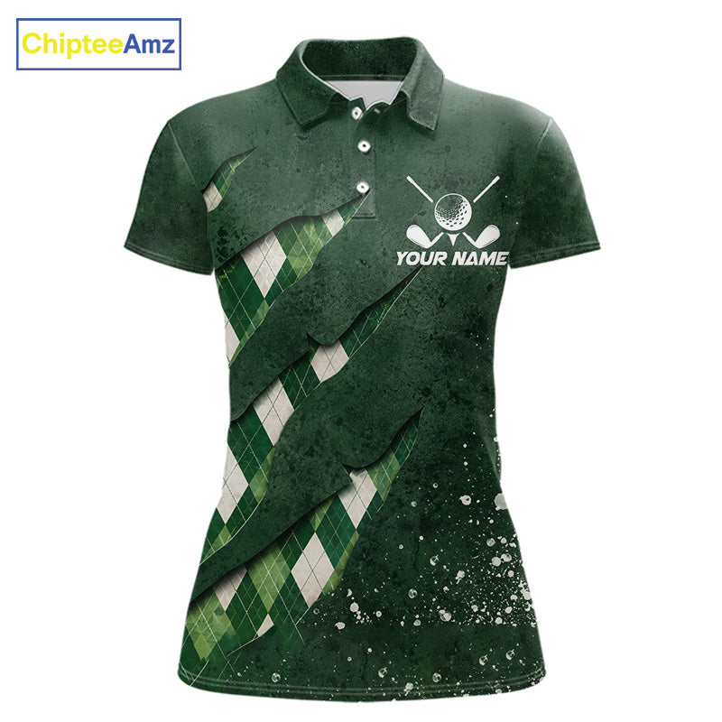 Front views of a womens green argyle pattern golf polo shirt, chest name text.