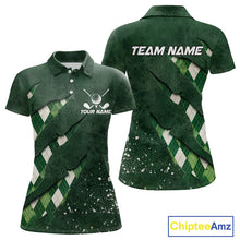 Load image into Gallery viewer, Front and back views of a womens green argyle pattern golf polo shirt, chest name text, and team name on the back.