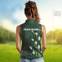 Load image into Gallery viewer, A woman wearing a green argyle pattern sleeveless golf polo shirt with “Team Name” on the back.