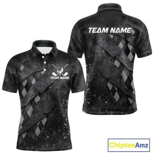 Front and back views of a gray argyle plaid pattern golf polo shirt, chest name text, and team name on the back.