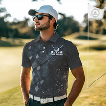 Load image into Gallery viewer, A golfer man in a golf course wearing a gray argyle plaid pattern golf polo shirt with “Your Name” and a golf course graphic on the chest.