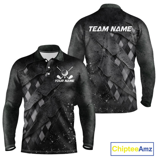 Front and back views of a gray argyle plaid pattern long sleeve golf polo shirt, chest name text, and team name on the back.