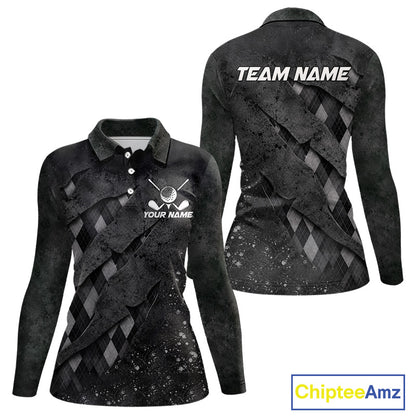 Front and back views of a womens green argyle pattern long sleeve golf polo shirt, chest name text, and team name on the back.