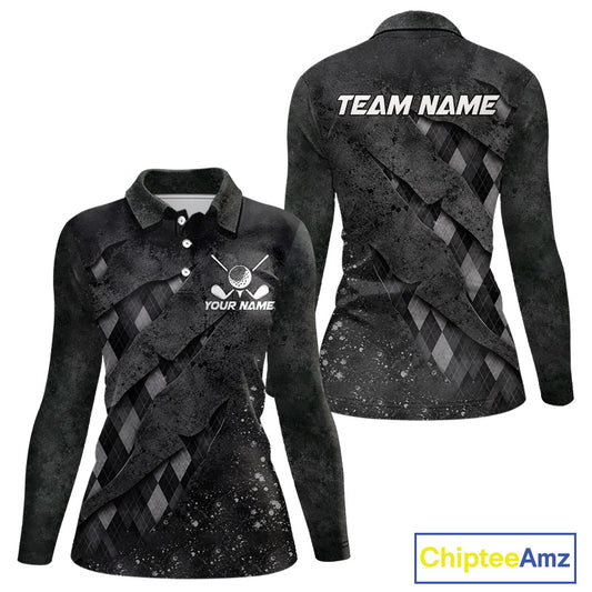 Front and back views of a womens green argyle pattern long sleeve golf polo shirt, chest name text, and team name on the back.