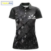 Load image into Gallery viewer, Front views of a womens gray argyle pattern golf polo shirt, chest name text.