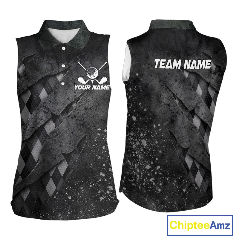 Front and back views of a womens gray argyle pattern sleeveless golf polo shirt, name text on the chest and team name on the back.