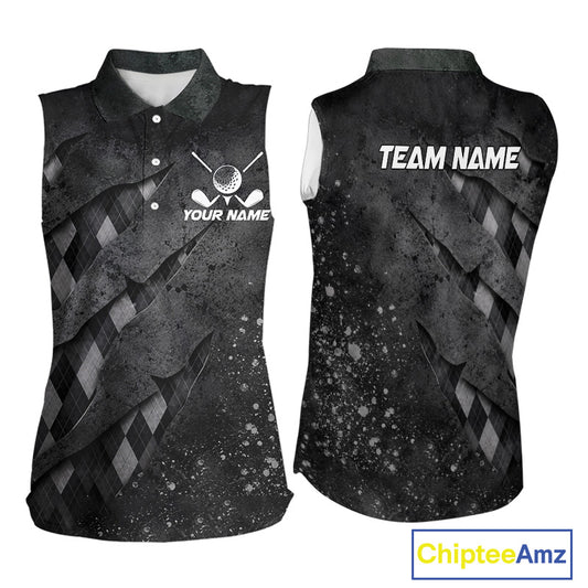 Front and back views of a womens gray argyle pattern sleeveless golf polo shirt, name text on the chest and team name on the back.