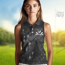 Load image into Gallery viewer, A woman wearing a green argyle pattern golf polo shirt with “Your Name” on the chest.
