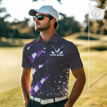 Load image into Gallery viewer, A golfer man in a golf course wearing a purple argyle plaid pattern golf polo shirt with “Your Name” and a golf course graphic on the chest.