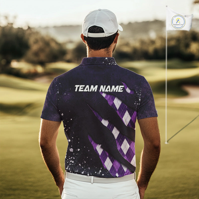 A golfer man in a golf course wearing a purple argyle plaid pattern golf polo shirt with “Team Name” on the back.