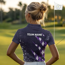 Load image into Gallery viewer, A woman wearing a green argyle golf polo shirt with “Team Name” on the back.