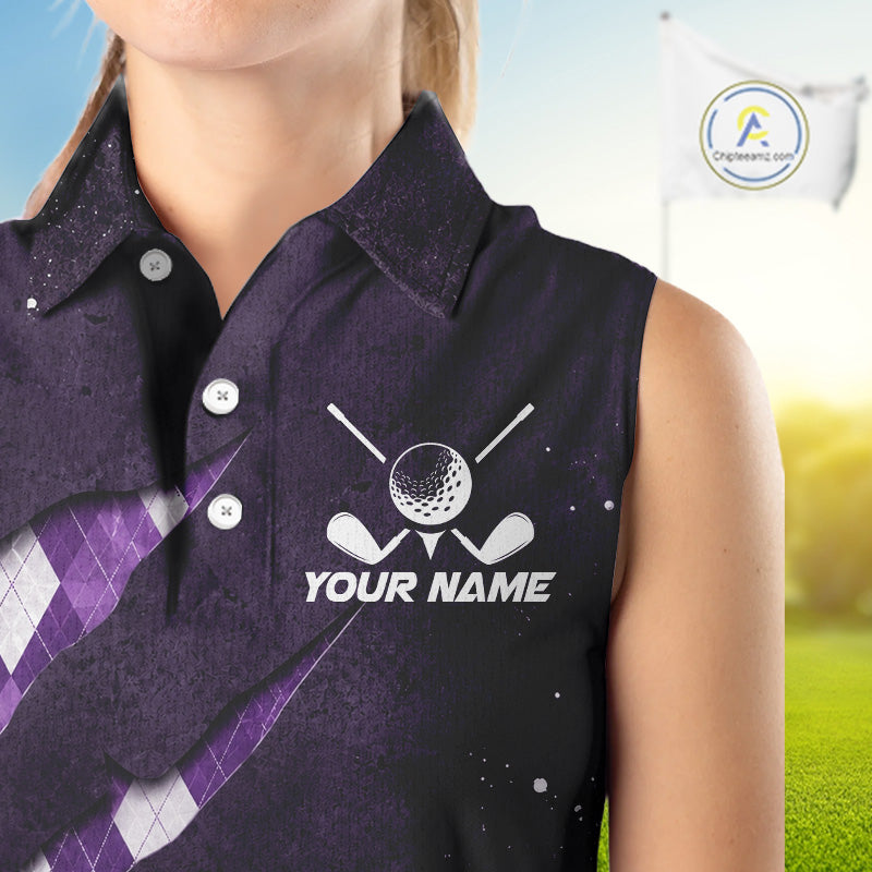 Close-up fabric detail of lightweight 100% polyester quick-dry golf polo shirt with golf clubs graphic and "Your Name" on the chest.