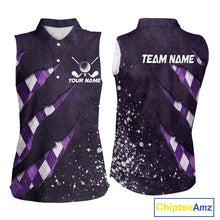 Load image into Gallery viewer, Front and back views of a womens green argyle pattern sleeveless golf polo shirt, chest name text, and team name on the back.