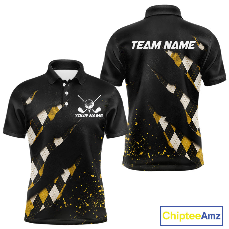 Front and back views of a black, yellow argyle plaid pattern golf polo shirt, chest name text, and team name on the back.