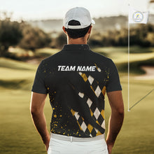 Load image into Gallery viewer, A golfer man in a golf course wearing a purple argyle plaid pattern golf polo shirt with “Team Name” on the back.