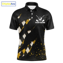 Load image into Gallery viewer, Front views of a black, yellow argyle plaid pattern golf polo shirt, chest name text.