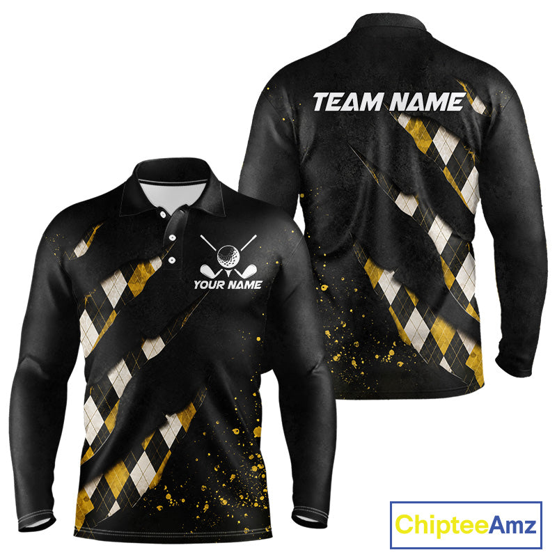 Front and back views of a black, yellow argyle plaid pattern long sleeve golf polo shirt, chest name text, and team name on the back.