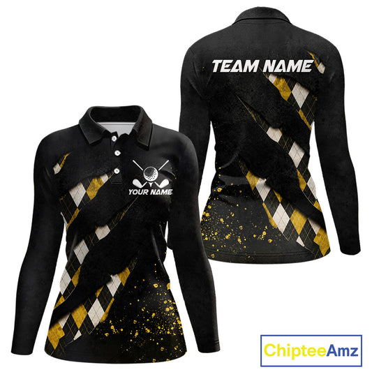 Front and back views of a womens black and yellow argyle pattern golf polo shirt, chest name text, and team name on the back.