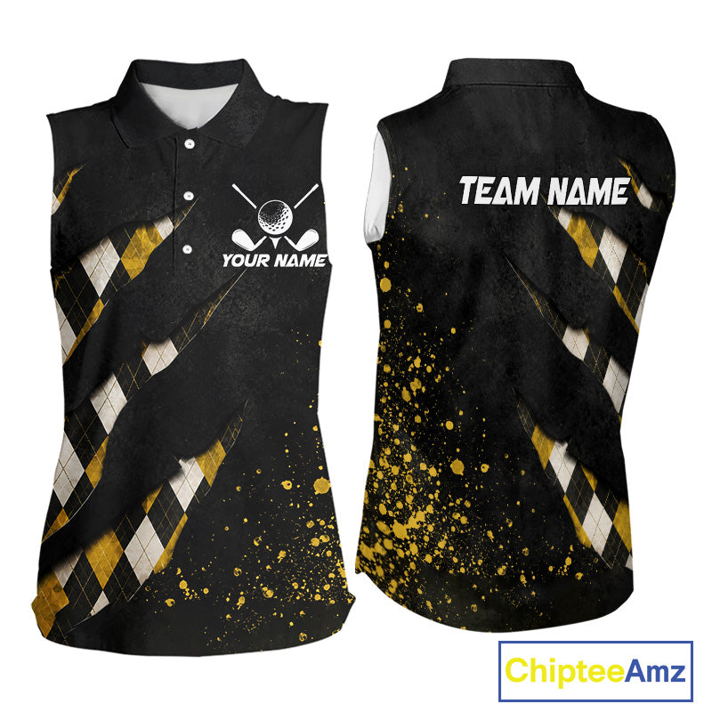 Front and back views of a womens black and yellow argyle pattern sleeveless golf polo shirt, chest name text, and team name on the back.