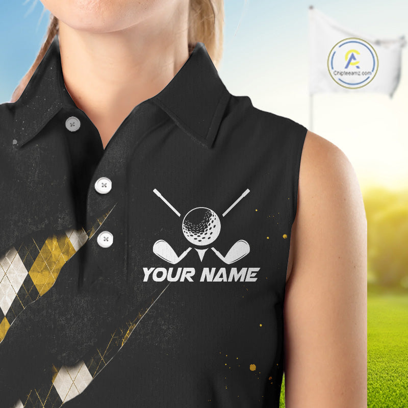 Close-up fabric detail of lightweight 100% polyester quick-dry golf polo shirt with golf clubs graphic and "Your Name" on the chest.