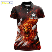 Load image into Gallery viewer, Front view of Red Flame Lion Custom Men Bowling Polo Shirts Bowling League Shirts with personalized name on the chest