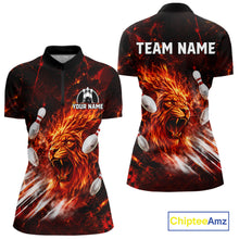 Load image into Gallery viewer, Front and back view of Red Flame Lion Custom Men Bowling 1/4 Quarter Zip Shirts Bowling League Shirts with personalized name