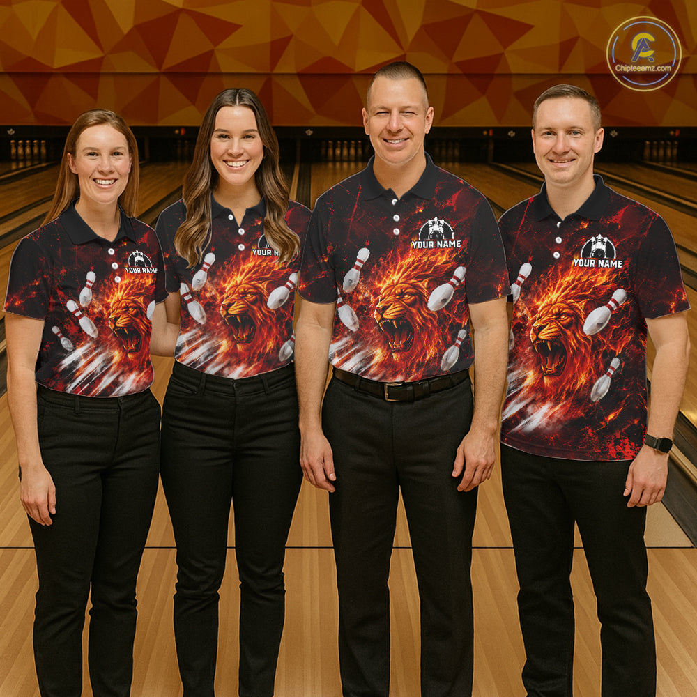 Bowling team wearing Red Flame Lion Custom Men Bowling 1/4 Quater Zip Shirts with personalized name 