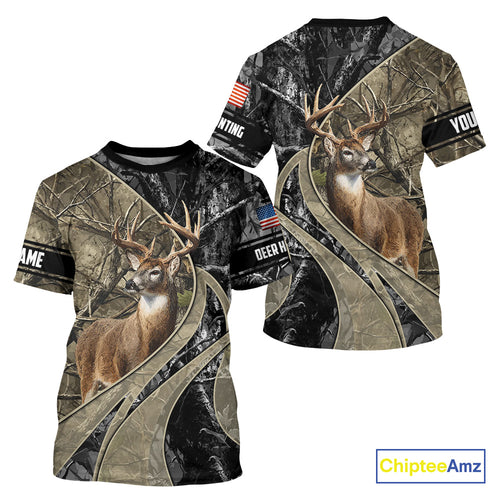 Whitetail Deer Hunting Brown and Black Camo Shirts with US Flag, Personalized Hunting Shirt NBT101