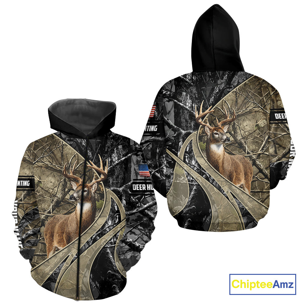 Whitetail Deer Hunting Brown and Black Camo Shirts with US Flag, Personalized Hunting Shirt NBT101