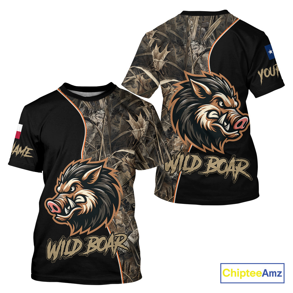 Custom Brown Camo with TX Flag Boar Hunting Shirts for Men, Boar Hunting Clothes, Hunting Gifts NBT188