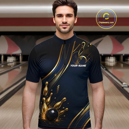 Navy Blue And Gold Mens Bowling Polo & 1/4 Quarter Zip Shirts, Bowling Team Tournament Jerseys NBT959