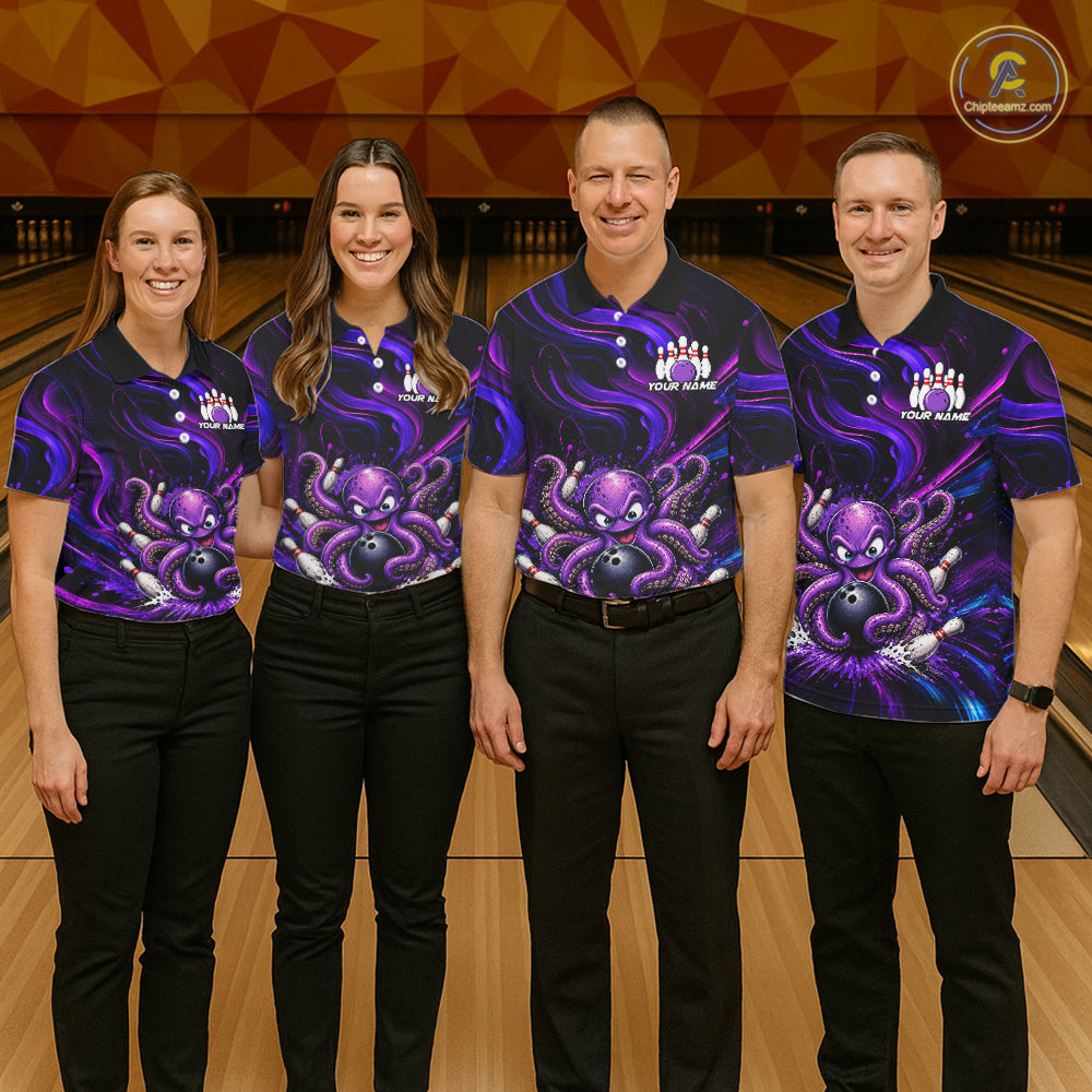 Funny Purple Octopus Bowling Polo & Quarter Zip For Men, Custom Bowling Team Shirt Bowling Jersey NBT960