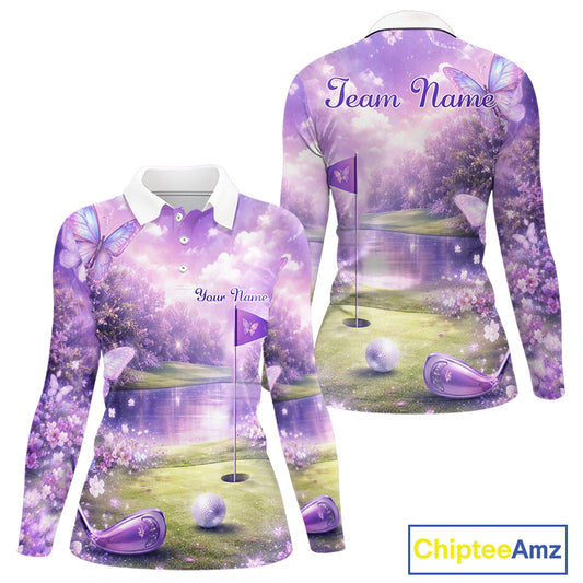Purple Butterfly Womens Long Sleeve Golf Polo Shirt Custom Name Floral Colorful Golf Shirts NBT557