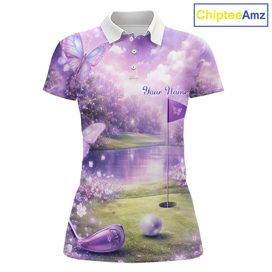 Purple Butterfly Womens Long Sleeve Golf Polo Shirt Custom Name Floral Colorful Golf Shirts NBT557