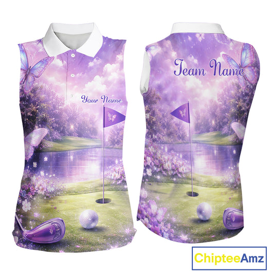 Purple Butterfly Womens Sleeveless Golf Polo Shirt Custom Name Floral Colorful Golf Shirts NBT557