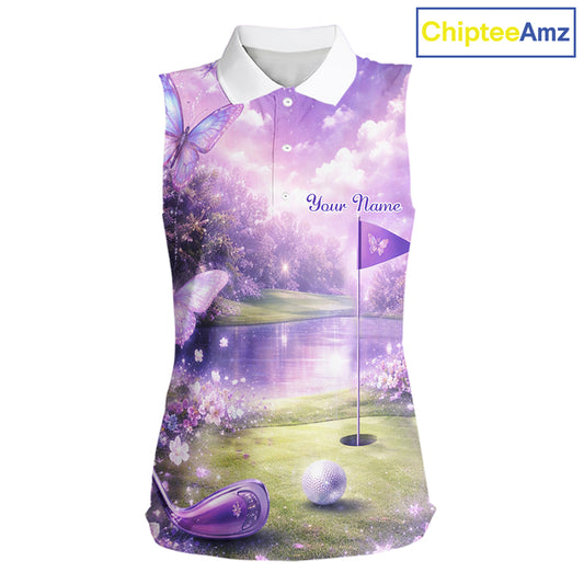 Purple Butterfly Womens Sleeveless Golf Polo Shirt Custom Name Floral Colorful Golf Shirts NBT557
