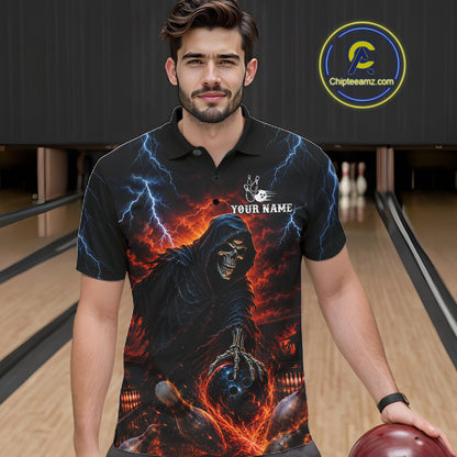Custom Grim Reaper Lightning Bowling Shirt For Men, Skull Bowling Jersey Team Polo & 1/4 Zip Shirt NBT963