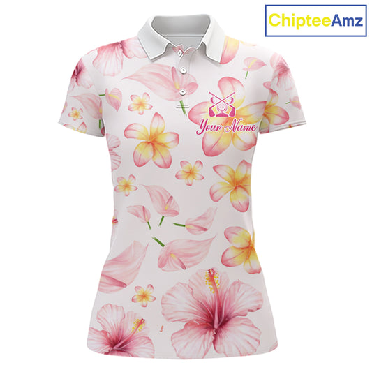 Custom Pink Tropical Flower Funny Flamingo Womens Golf Polo Shirts, Funny Golf Shirts For Ladies NBT565