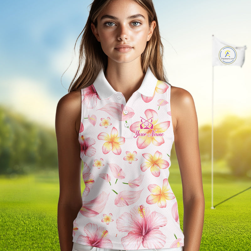 Custom Pink Tropical Flower Funny Flamingo Womens Sleeveless Golf Polo Shirts, Funny Golf Shirts For Ladies NBT565