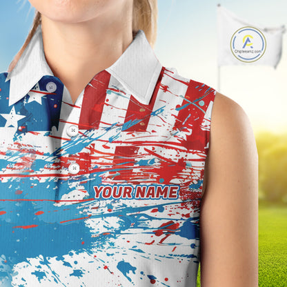 American Flag Womens Sleeveless Golf Polo Shirt Custom Ladies Golf Shirts US Flag Golf Polo Shirt NBT568