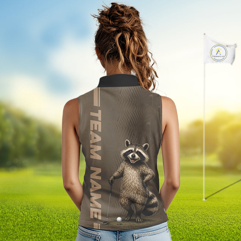 Personalized Funny Brown Raccoon Custom Name Sleeveless Polo Golf Shirt For Womens, Golfer Gifts NBT888