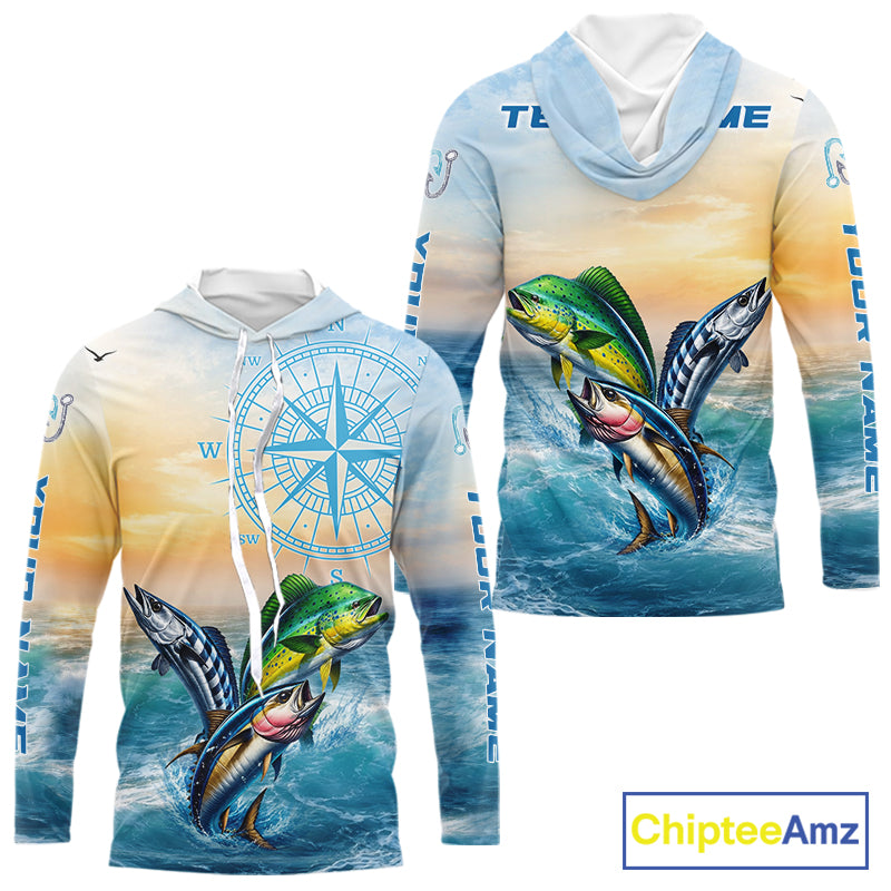 Front and back view of personalized mahi mahi wahoo tuna blue hooded performance fishing shirt with personalized name