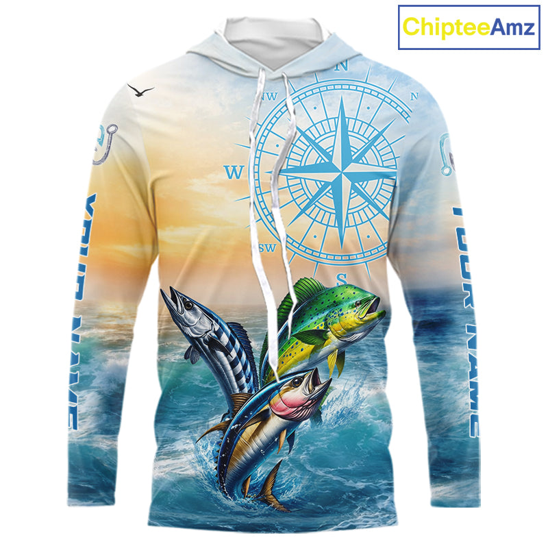 Front view of personalized mahi mahi wahoo tuna blue hooded performance fishing shirt