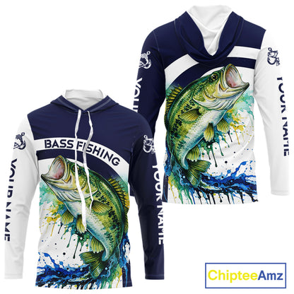 Custom Bass Fishing Shirts Long Sleeve with Hood Blue Camo Color Paint, Bass Fishing Shirts NBT461