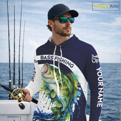 Custom Bass Fishing Shirts Long Sleeve with Hood Blue Camo Color Paint, Bass Fishing Shirts NBT461