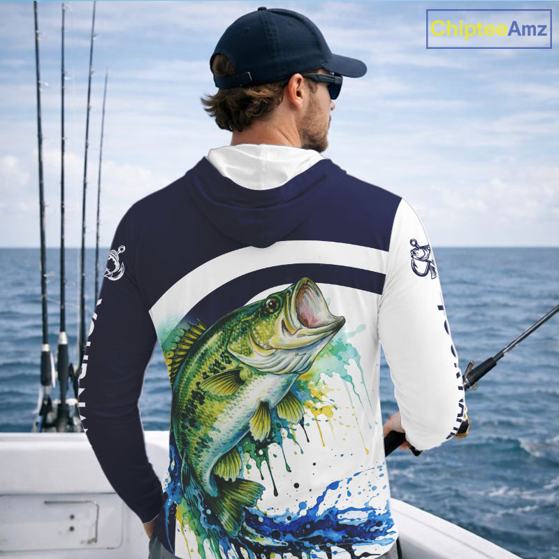 Custom Bass Fishing Shirts Long Sleeve with Hood Blue Camo Color Paint, Bass Fishing Shirts NBT461