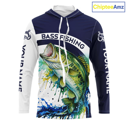 Custom Bass Fishing Shirts Long Sleeve with Hood Blue Camo Color Paint, Bass Fishing Shirts NBT461
